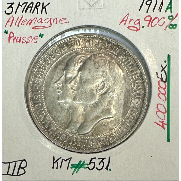 ALLEMAGNE PRUSSE - 3 MARK 1911A - Monnaie en Argent // Qualité : TTB