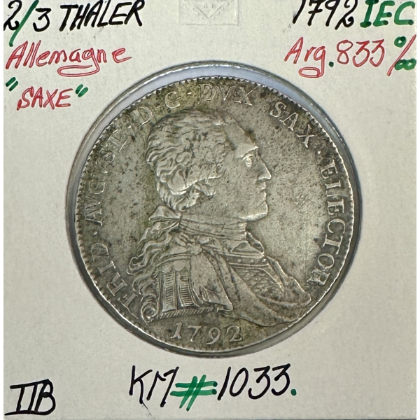 ALLEMAGNE SAXE - 2/3 THALER 1792 IEC - Pièce de Monnaie en Argent // TTB