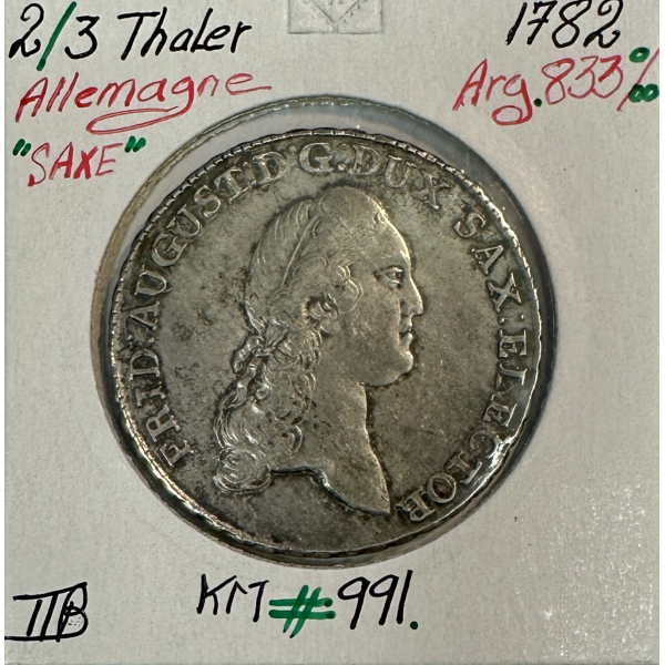 ALLEMAGNE SAXE - 2/3 THALER 1782 - Pièce de Monnaie en Argent // TTB