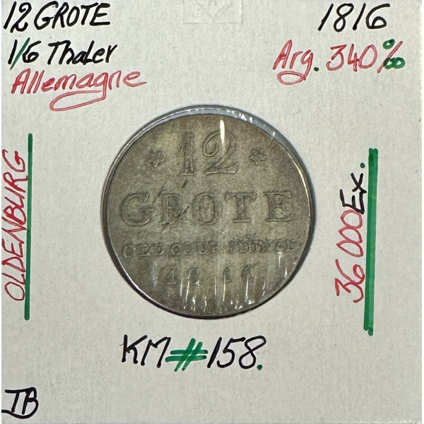 ALLEMAGNE - 12 GROTE (1/6 THALER) 1816 - Pièce de Monnaie en Argent // TB