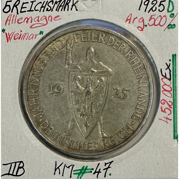 ALLEMAGNE WEIMAR - 5 REICHMARK 1925D - Pièce de Monnaie en Argent // TTB