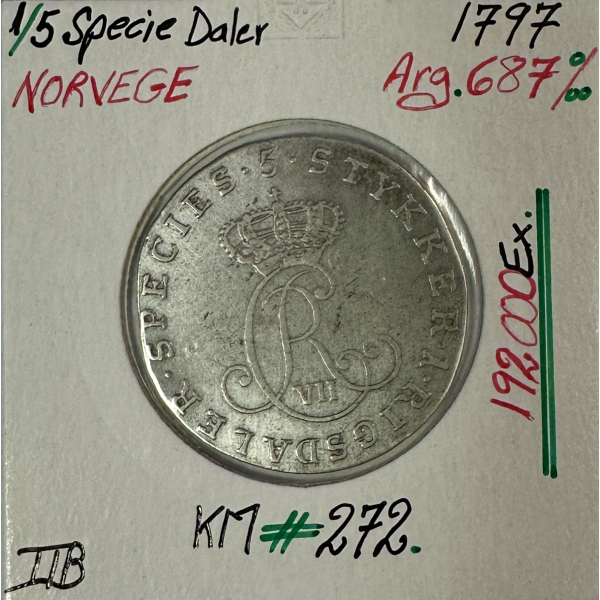 NORVEGE - 1/5 SPECIE DALER 1797 - Pièce de Monnaie en Argent // TTB