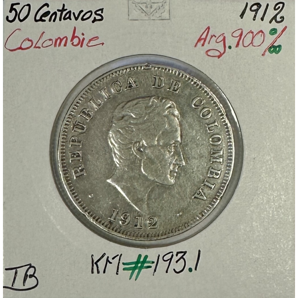 COLOMBIE - 50 CENTAVOS 1912 - Pièce de Monnaie en Argent // Qualité : TB