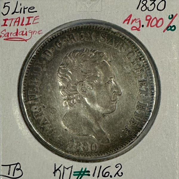 ITALIE - 5 LIRE 1830 - SARDAIGNE - Pièce de Monnaie en Argent // Qualité : TB