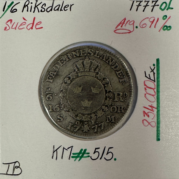 SUEDE - 1/6 RIKSDALER 1777 OL - Pièce de Monnaie en Argent // Qualité : TB