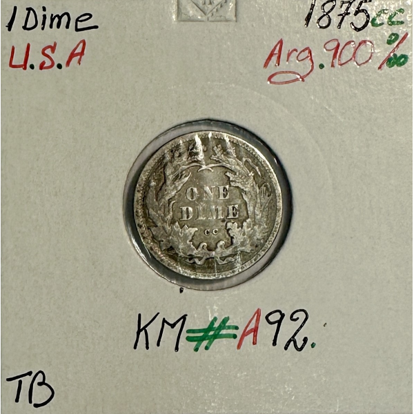 ETATS-UNIS - USA - 1 DIME 1875CC - Pièce de Monnaie en Argent - Qualité : TB