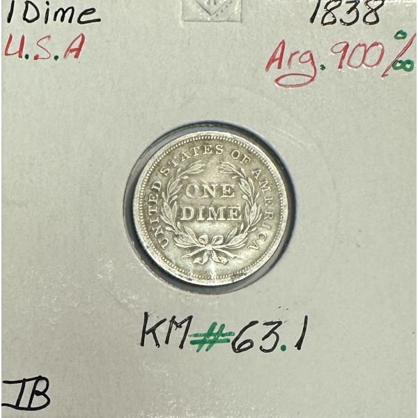 ETATS-UNIS - USA - 1 DIME 1838 - Pièce de Monnaie en Argent - Qualité : TB