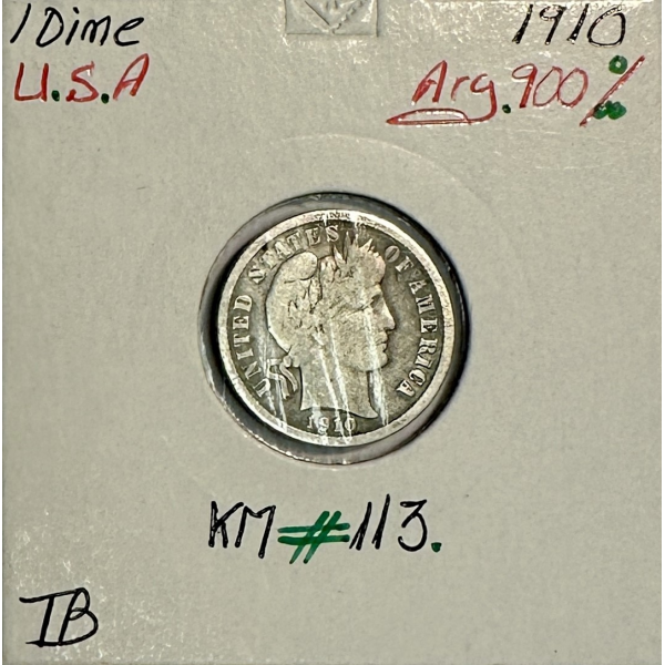 ETATS-UNIS - USA - 1 DIME 1910 - Pièce de Monnaie en Argent - Qualité : TB