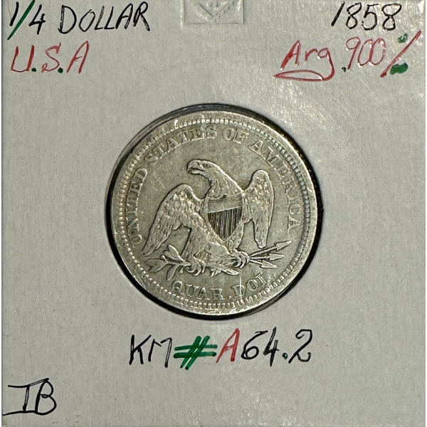 ETATS-UNIS - USA - 1/4 DOLLAR 1858 - Pièce de Monnaie en argent // Qualité : TB