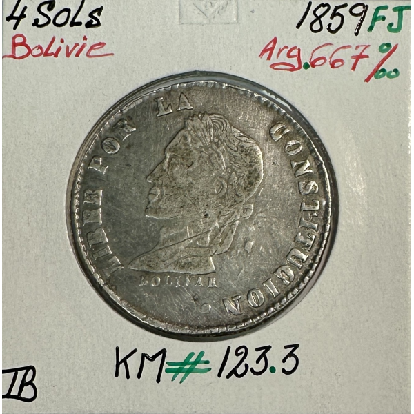 BOLIVIE - 4 SOLS 1859 FJ - Pièce de Monnaie en Argent // Qualité : TB