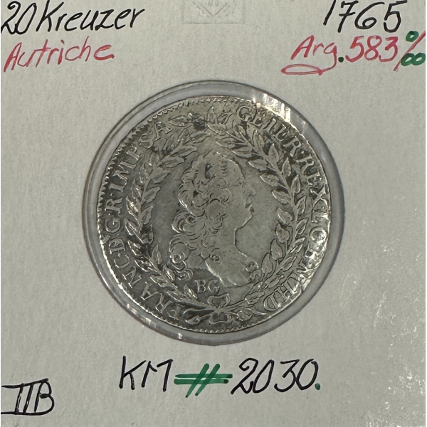 AUTRICHE - 20 KREUZER 1765 - Pièce de Monnaie en Argent // Qualité : TTB