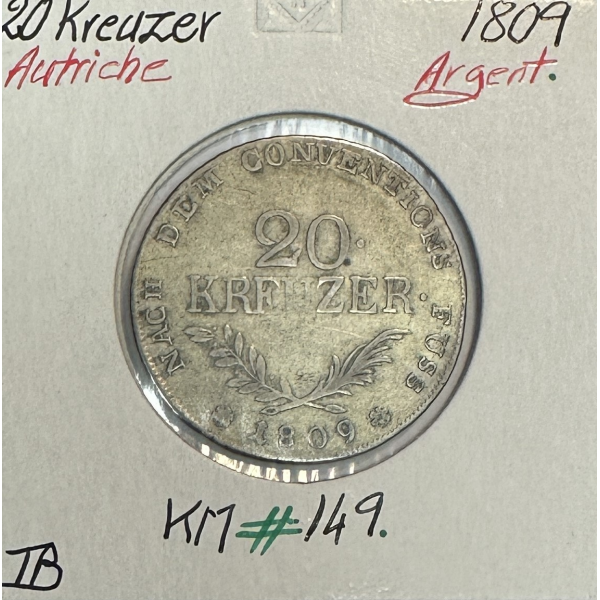 AUTRICHE - 20 KREUZER 1809 - Pièce de Monnaie en Argent // Qualité : TB