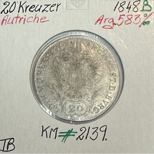 AUTRICHE - 20 KREUZER 1848 B - Pièce de Monnaie en Argent // Qualité : TB