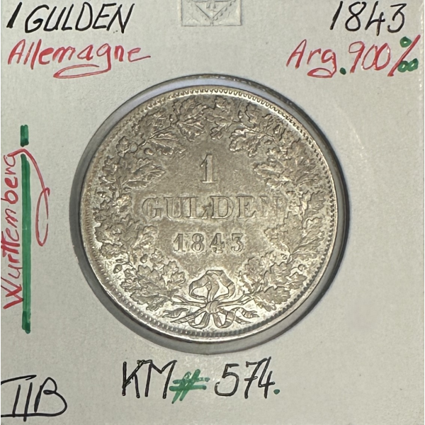 ALLEMAGNE WURTTEMBERG - 1 GULDEN 1843 - Monnaie en Argent // Qualité : TTB