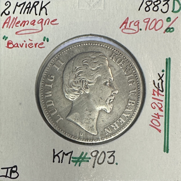 ALLEMAGNE BAVIERE - 2 MARK 1833D - Pièce de Monnaie en Argent // Qualité : TB