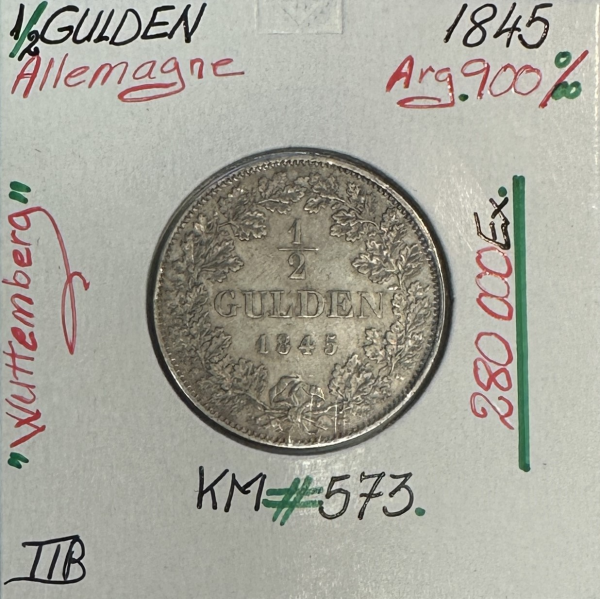 ALLEMAGNE - 1/2 GULDEN - 1845 - Pièce de Monnaie en Argent // Qualité : TTB