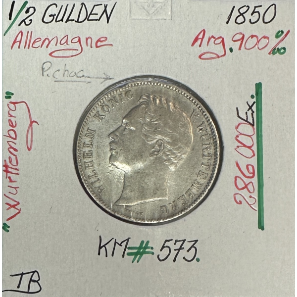 ALLEMAGNE - 1/2 GULDEN - 1850 - Pièce de Monnaie en Argent // Qualité : TB