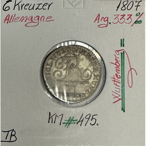 ALLEMAGNE - 6 KREUZER - 1807 - Pièce de Monnaie en Argent // Qualité : TB