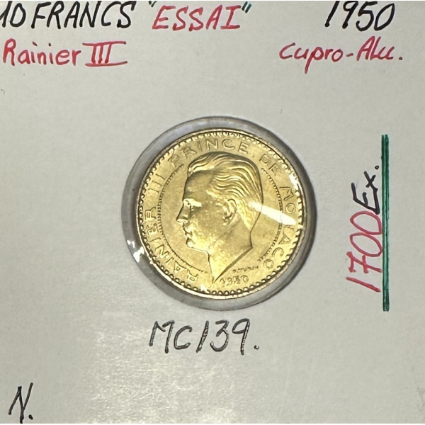 MONACO - 10 FRANCS 1950 (Rainier III) Monnaie en Cupro-Alu // ESSAI