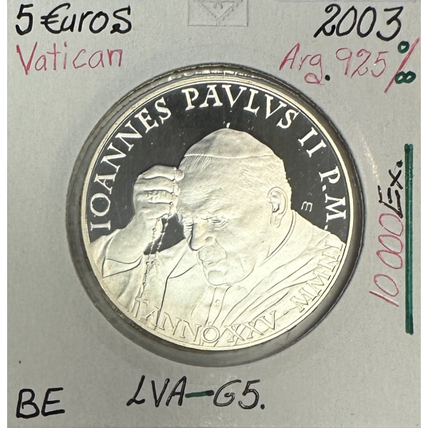 VATICAN - 5 EURO COMMEMORATIVE 2003 - MONNAIE EN ARGENT - PAPE JEAN-PAUL II (BE)