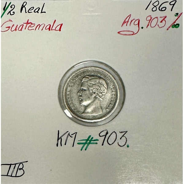 GUATEMALA - 1/2 REAL 1869 - Pièce de Monnaie en Argent // Qualité : TTB