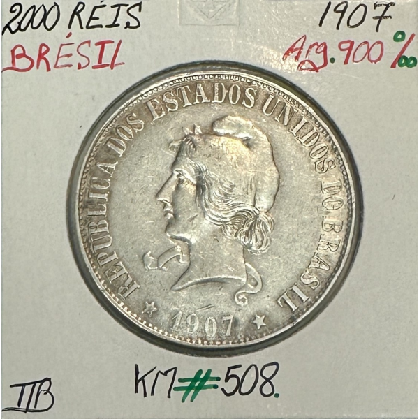 BRESIL - 2000 REIS 1907 - Pièce de Monnaie en Argent // Qualité : TB