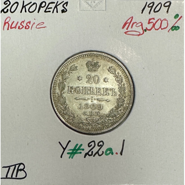 RUSSIE - 20 KOPEKS 1909 - Pièce de Monnaie en Argent // Qualité : TTB