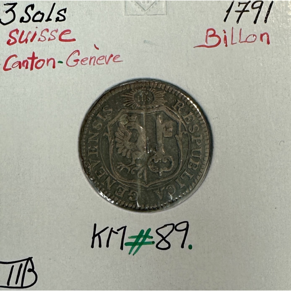 SUISSE CANTON GENEVE - 3 SOLS 1791 - Pièce de Monnaie en Billon // TTB