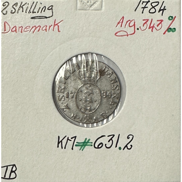 DANEMARK - 2 SKILLING 1784 - Pièce de Monnaie en Argent // Qualité : TB