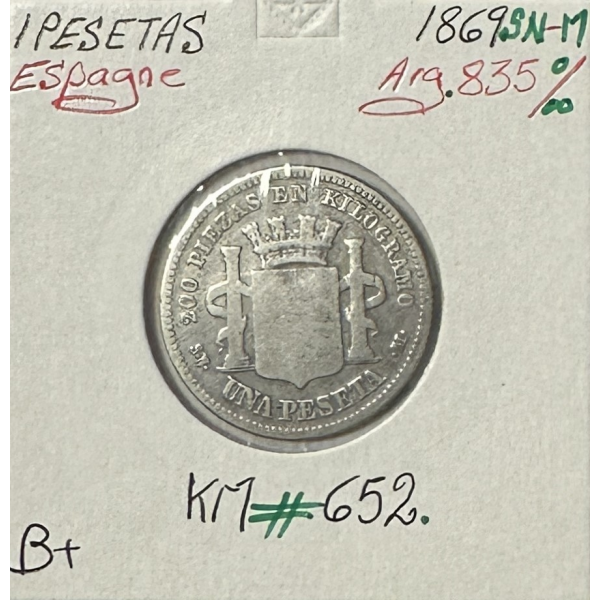 ESPAGNE - 1 PESETAS 1869 SN-M - Pièce de Monnaie en Argent // Qualité : B