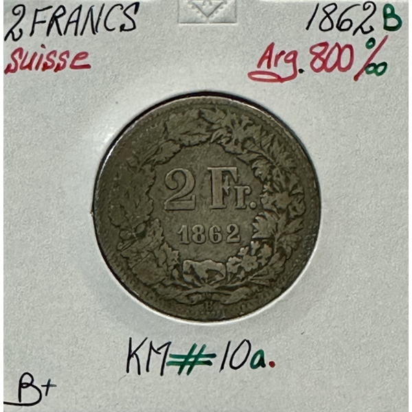 SUISSE - 2 FRANCS 1862 B - Pièce de Monnaie en Argent // Qualité : B