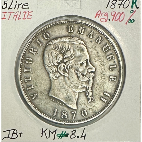 ITALIE - 5 LIRE 1870 R (VITTORIO EMANUELLE II) Monnaie en Argent // TB