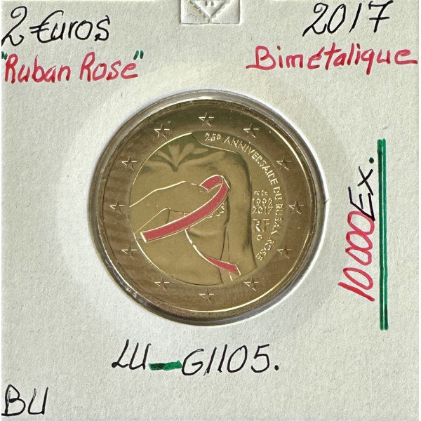 2 EURO COMMEMORATIVE FRANCE 2017 - RUBAN ROSE // ISSUE DU BU (Réf 1)