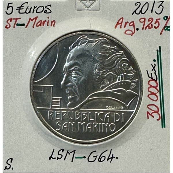 SAINT-MARIN - 5 Euro Commémorative 2013 en Argent // Qualité : SUP