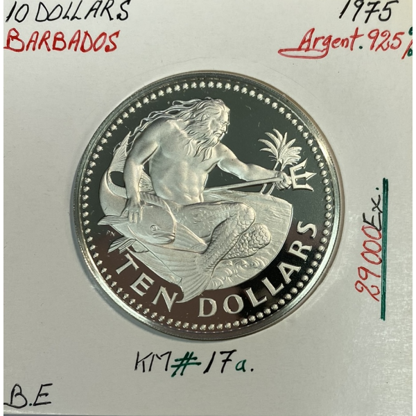 BARBADE - 10 DOLLARS 1975 - Pièce de Monnaie en Argent // Qualité : BE