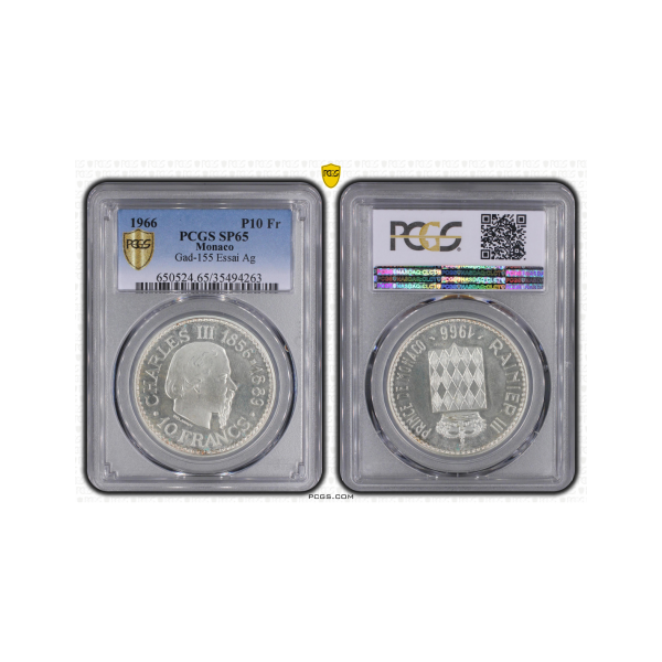 MONACO - 10 FRANCS 1966 (Charles III) Monnaie en Argent certifiée PCGS // ESSAI