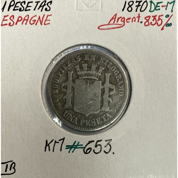 ESPAGNE - 1 PESETAS 1870 DE-M - Pièce de Monnaie en Argent // Qualité : TB