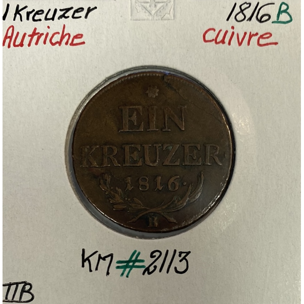 AUTRICHE - 1 KREUZER 1816 B - Pièce de Monnaie en Cuivre // Qualité : TTB