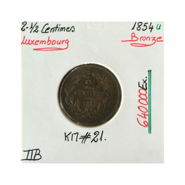 LUXEMBOURG - 2-1/2 CENTIMES 1854 u - Pièce de Monnaie en Bronze // Qualité : TTB