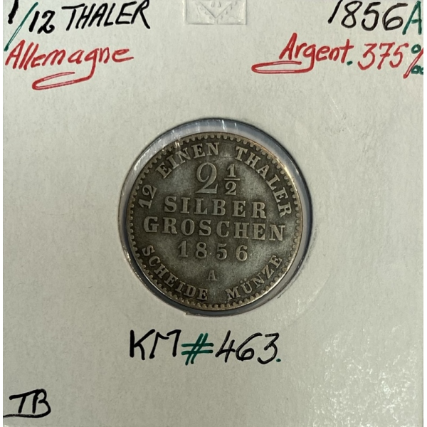 ALLEMAGNE - 1/12 THALER 1856 A - Pièce de Monnaie en Argent // Qualité : TB