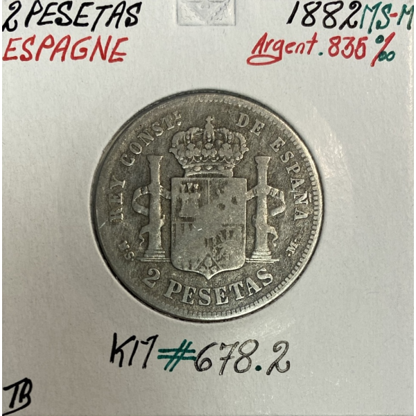 ESPAGNE - 2 PESETAS 1882 MS-M - Pièce de Monnaie en Argent / Qualité : TB