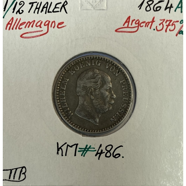 ALLEMAGNE - 1/12 THALER 1864 A - Pièce de Monnaie en Argent // Qualité : TTB