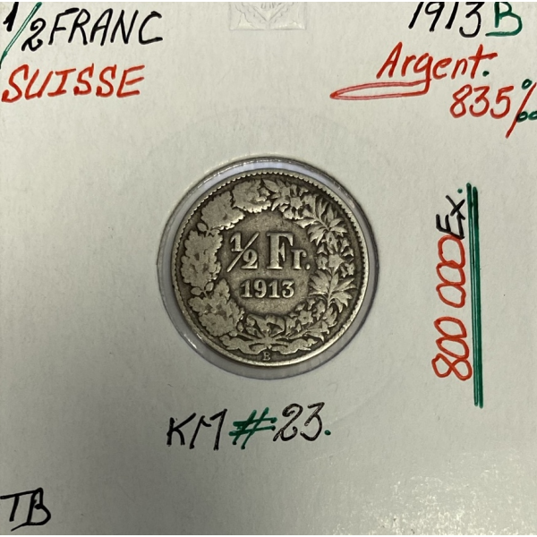 SUISSE - 1/2 FRANC 1913 B - Pièce de Monnaie en Argent // Qualité : TB