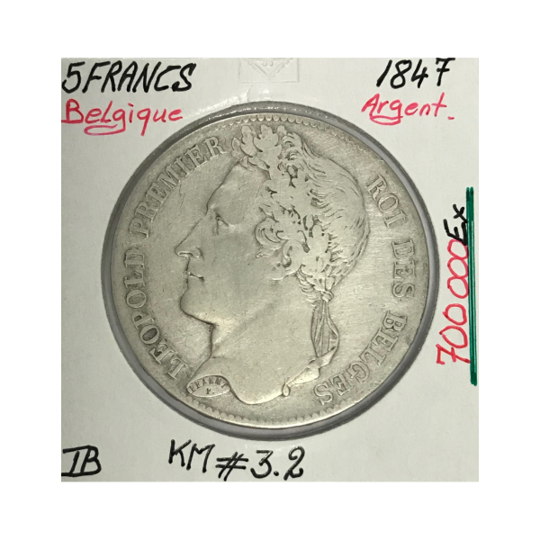 BELGIQUE - 5 FRANCS 1847 - Pièce de Monnaie en Argent // TB