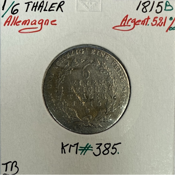 ALLEMAGNE - 1/6 THALER 1815 B - Pièce de Monnaie en Argent // Qualité : TB