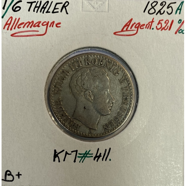 ALLEMAGNE - 1/6 THALER 1825 A - Pièce de Monnaie en Argent // Qualité : B