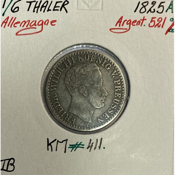 ALLEMAGNE - 1/6 THALER 1825 A - Pièce de Monnaie en Argent // Qualité : TB