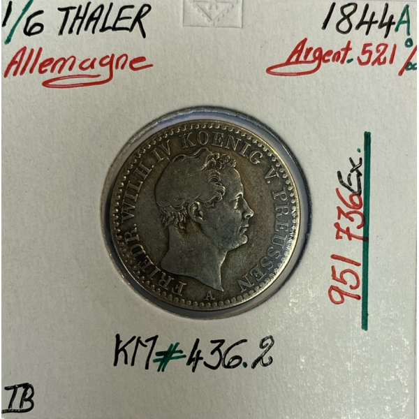 ALLEMAGNE - 1/6 THALER 1844 A - Pièce de Monnaie en Argent // Qualité : TB