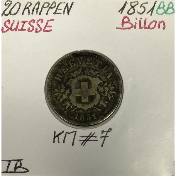 SUISSE - 20 RAPPEN 1851 BB - Pièce de Monnaie en Billon // Qualité : TB