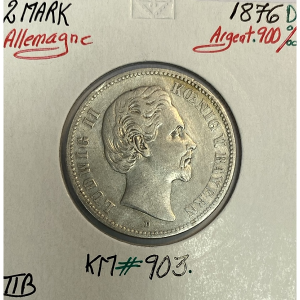 ALLEMAGNE - 2 MARK - 1876 D - Pièce de Monnaie en Argent // Qualité : TTB